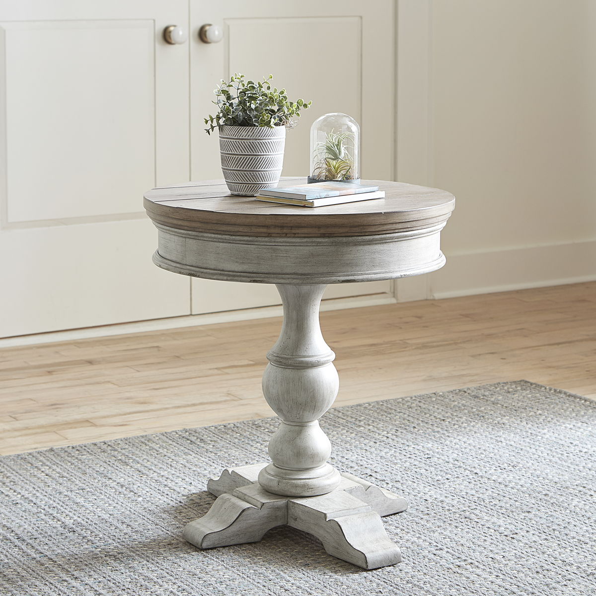 Heartland - Round Pedestal Chair Side Table - Antique White / Tobacco Tops