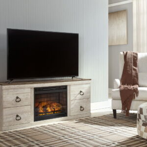 Willowton - 2 Pc. - TV Stand with Faux Firebrick Fireplace Insert - Whitewash