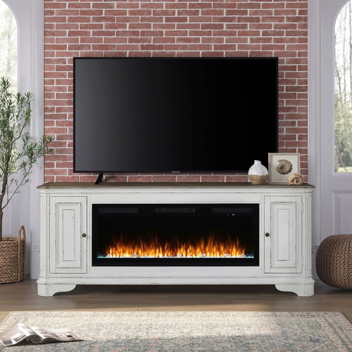 Fireplace TV Consoles - 244 82" Console With Fire FTS - White