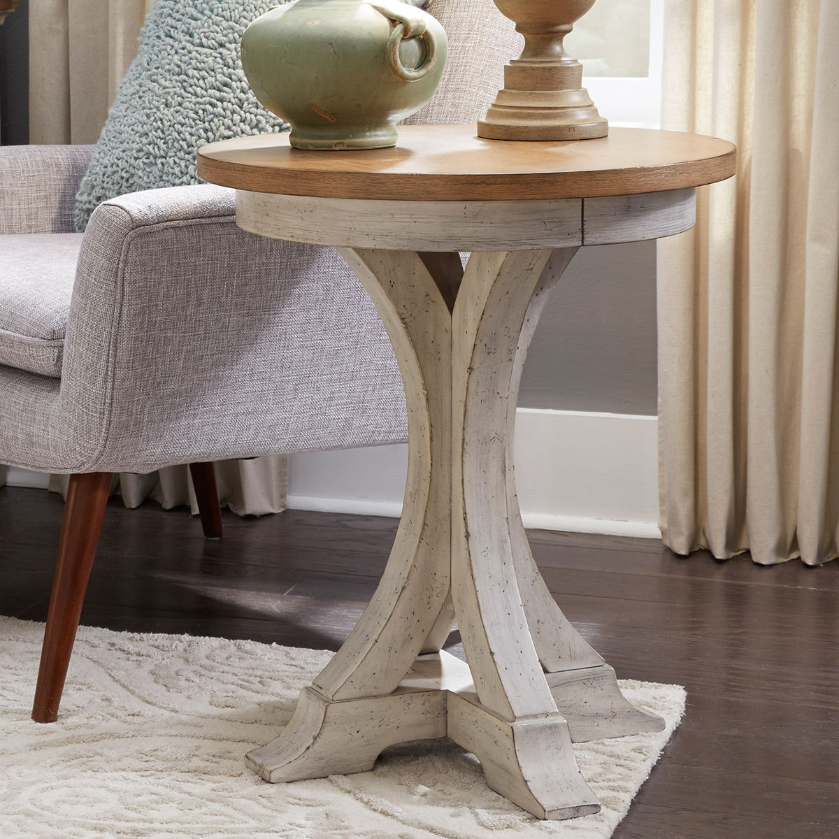 Farmhouse Reimagined - Round Chair Side Table - Antique White / Chestnut Tops - Image 2
