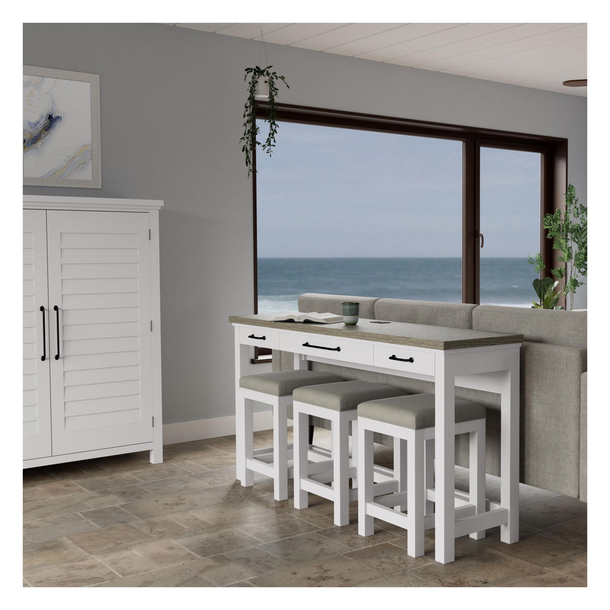 Cora - Workstation (Sofa Table With 3 Stools) - Cloud / Fog - Image 4