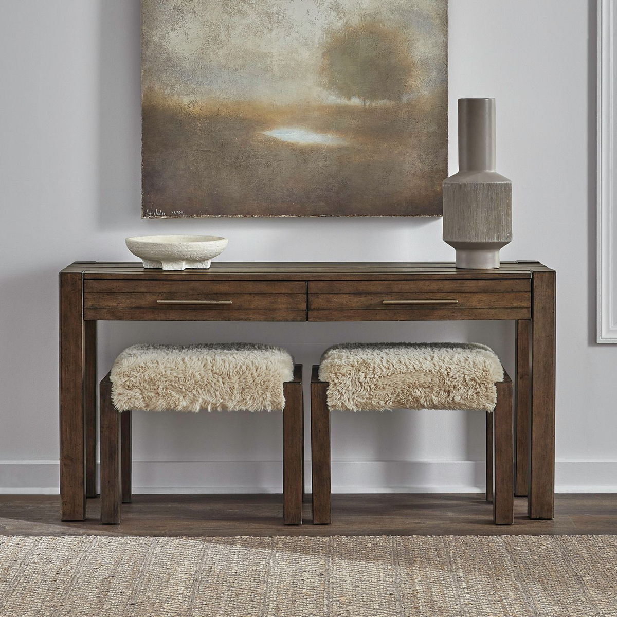 Broadmore - 3 Piece Table Set (1 Console Table 2 Console Stools) - Cobblestone Brown