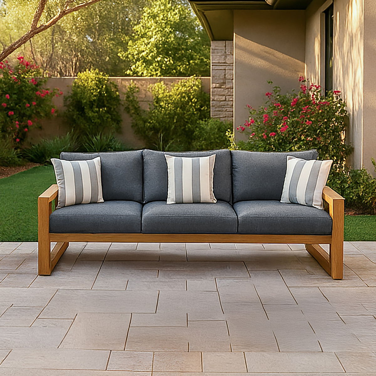 Bristol - Bay Wood Outdoor Sofa With Cushions - Natural / Brown / Gray - Image 2