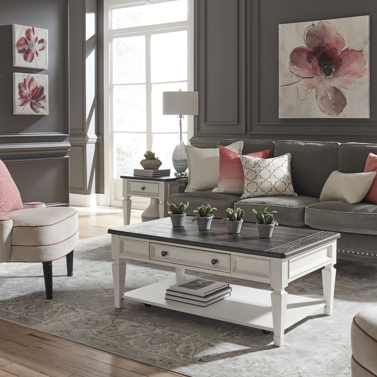 Allyson Park - 3 Piece Table Set - Wirebrushed White / Charcoal