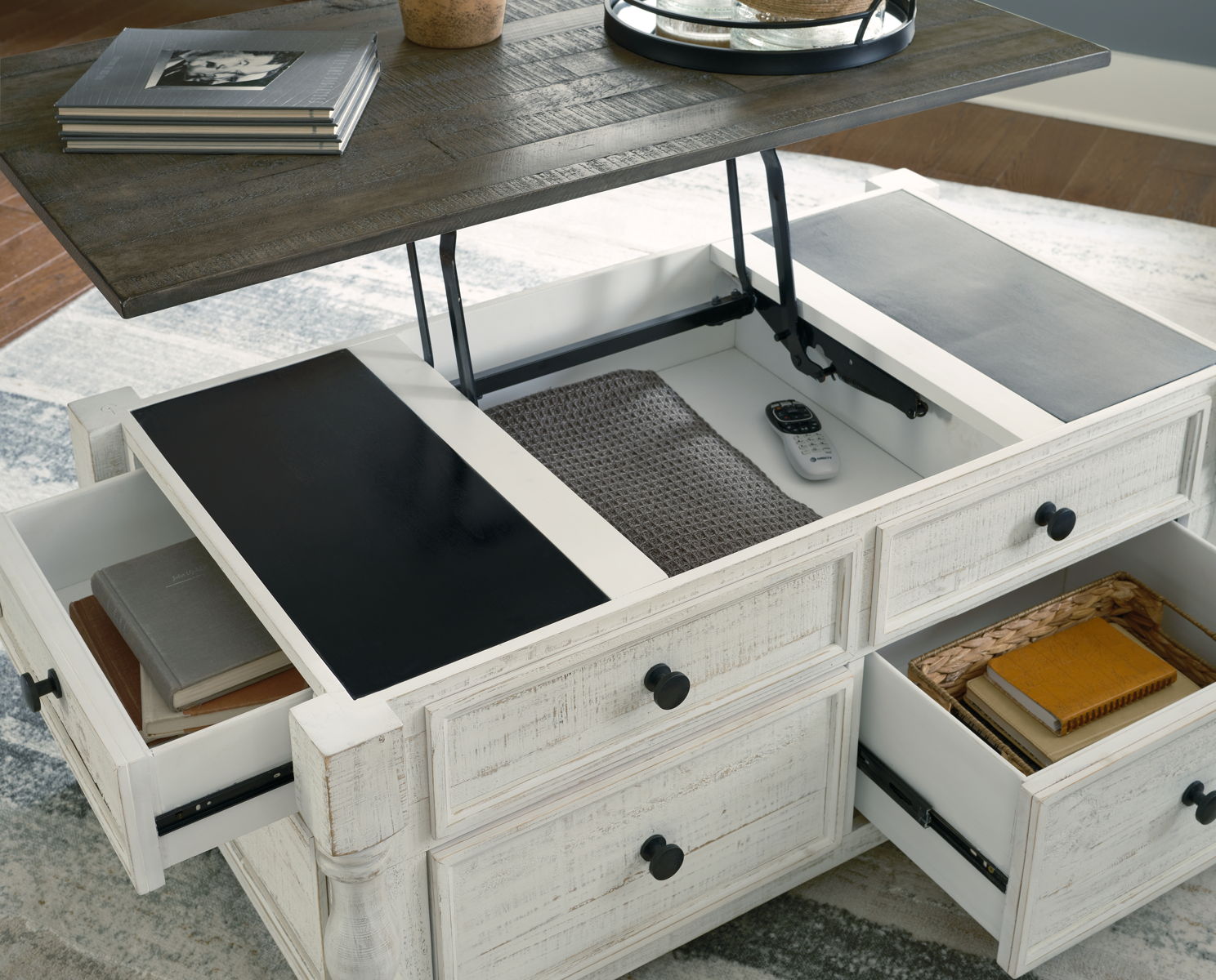 Havalance - Lift Top Cocktail Table with Storage Drawers - White / Gray - Image 2