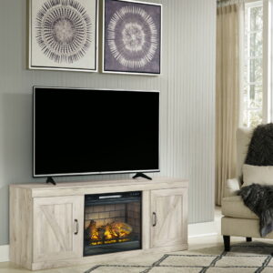 Bellaby - TV Stand With Faux Firebrick Fireplace Insert - Whitewash
