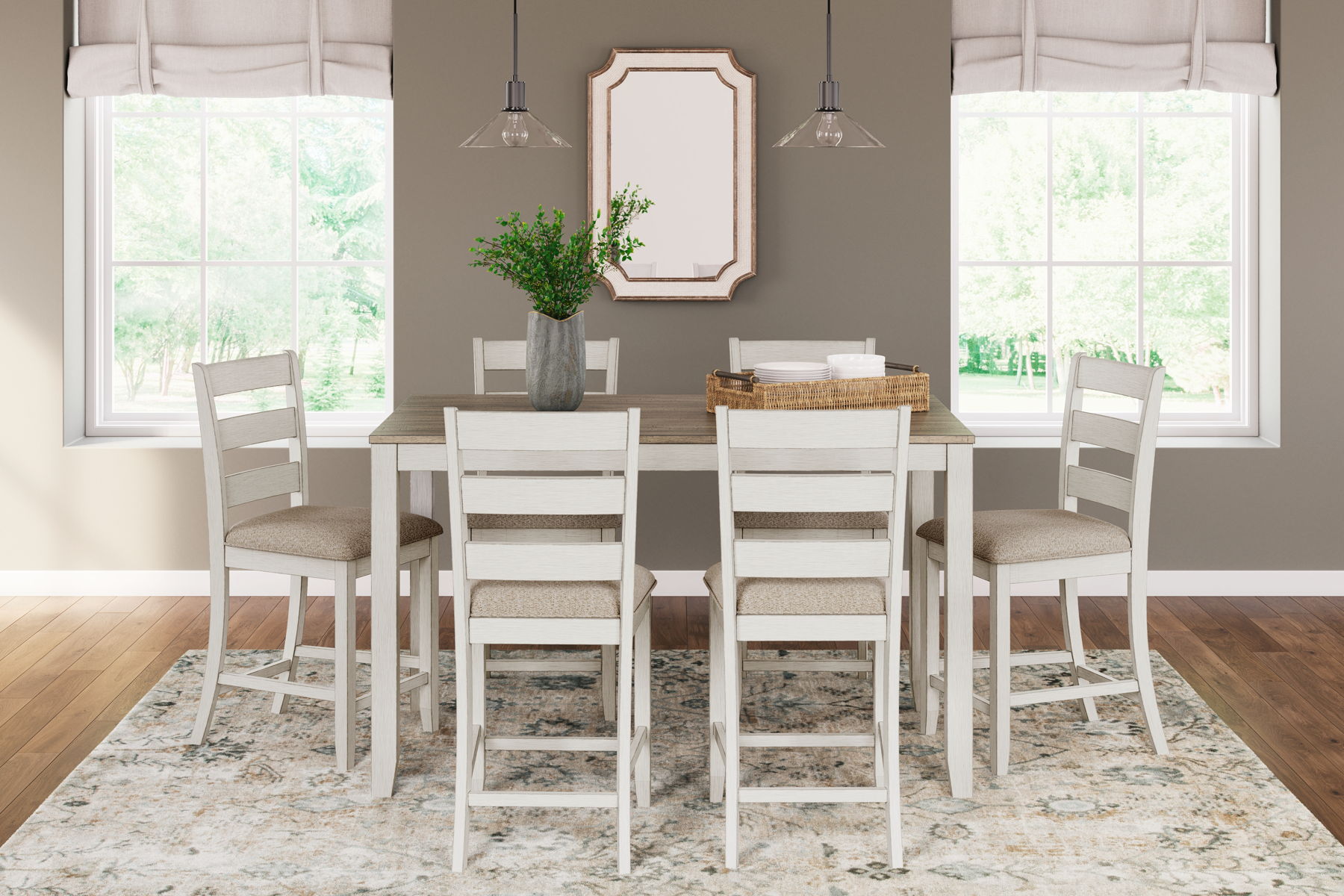 Skempton - Counter Height Dining Table and Bar Stools (Set of 7) - White / Light Brown - Image 3