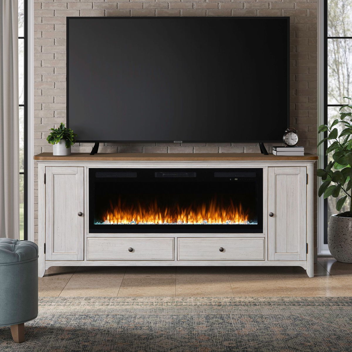 Fireplace TV Consoles - 80" Console With Fire FTS Set - Brown / White