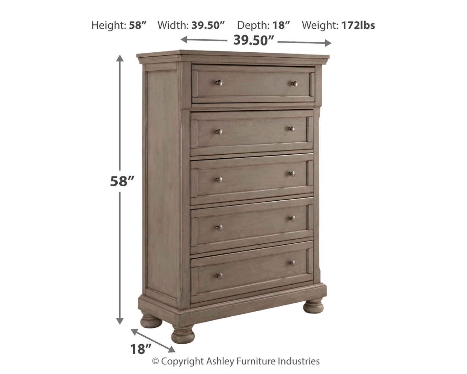 Lettner - Five Drawer Chest - 2-handles - Light Gray - Image 3