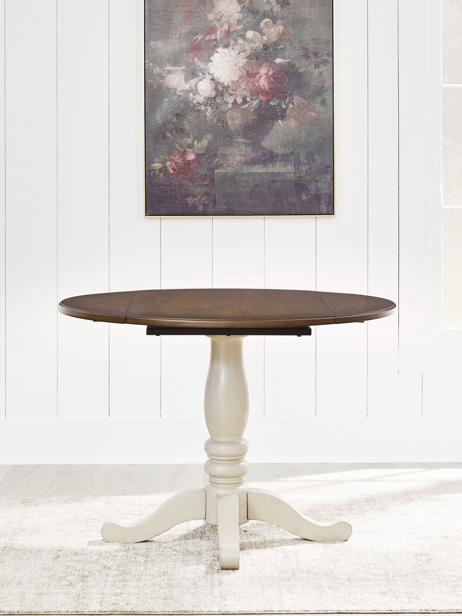 Wirloni - Round Dining Room Drop Leaf Table - Antique White / Brown - Image 3