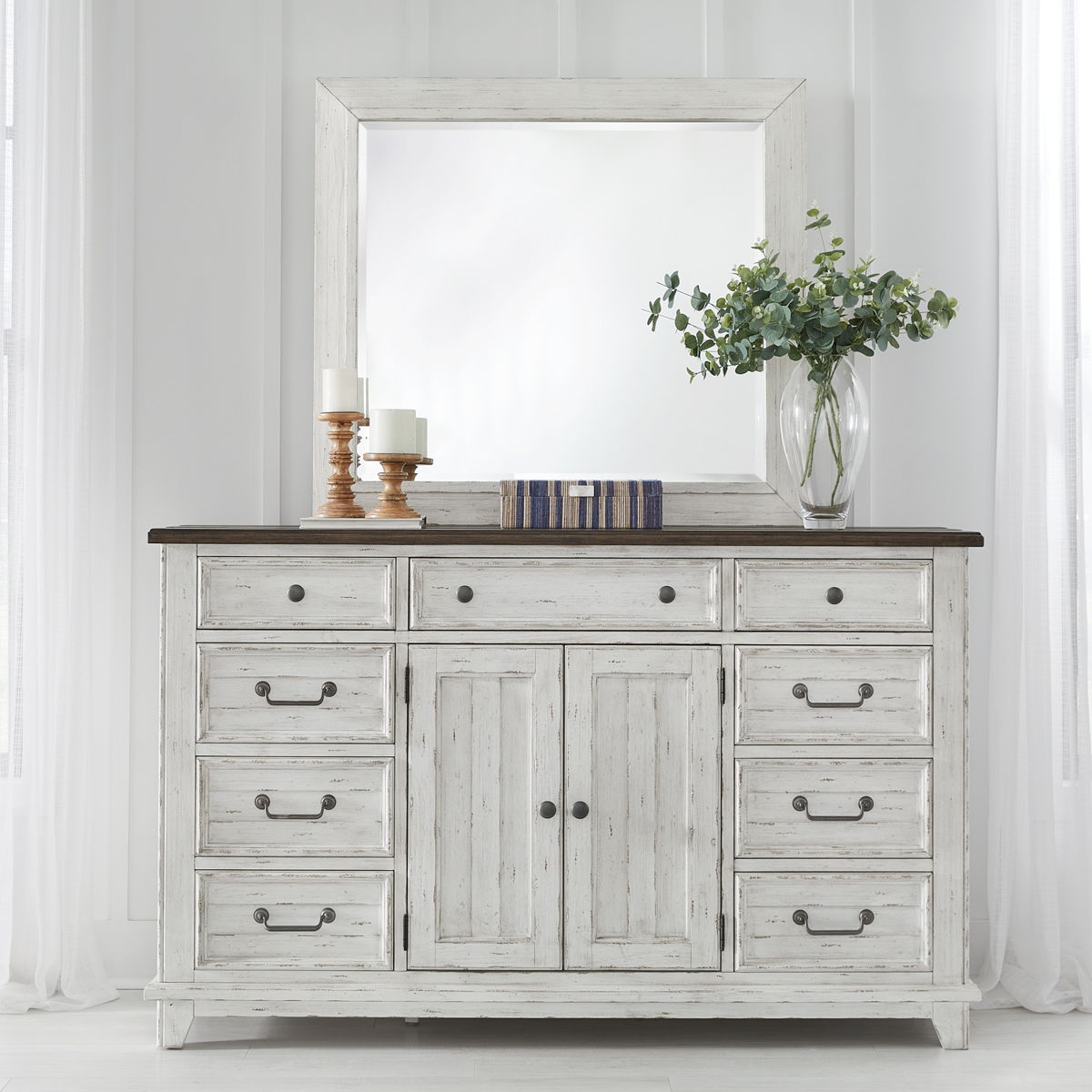 River Place - Dresser & Mirror - Riverstone White & Tobacco