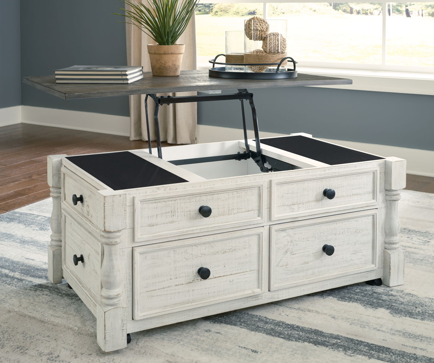Havalance - Lift Top Cocktail Table with Storage Drawers - White / Gray - Image 6