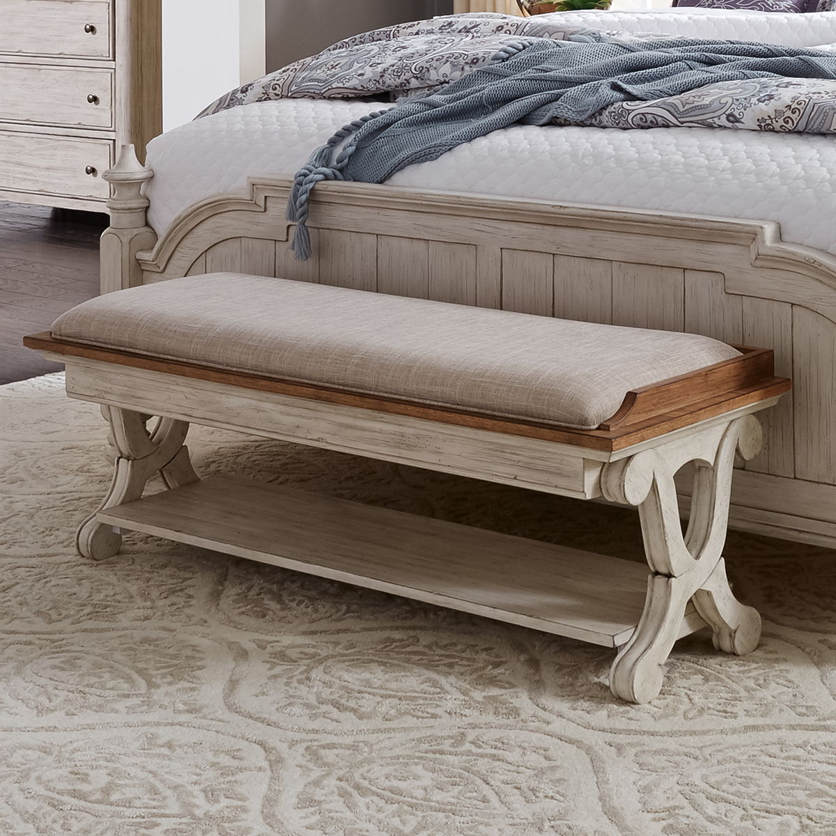 Farmhouse Reimagined - Bed Bench - Antique White / Chestnut Tops