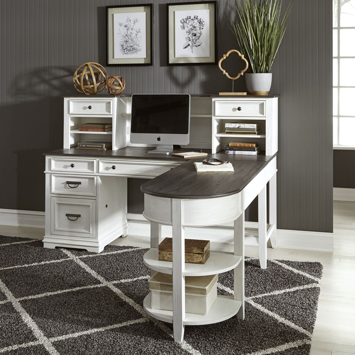 Allyson Park - L Shaped Desk With Hutch - Wirebrushed White / Charcoal