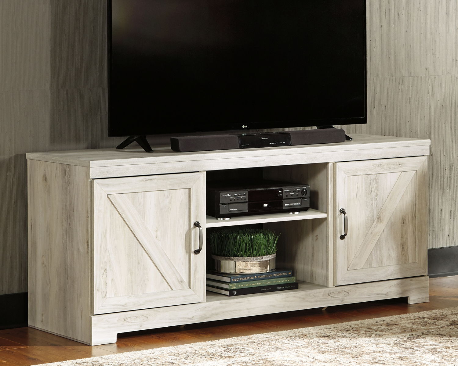 Bellaby - 63" TV Stand With Faux Firebrick Fireplace Insert - Whitewash - Image 2