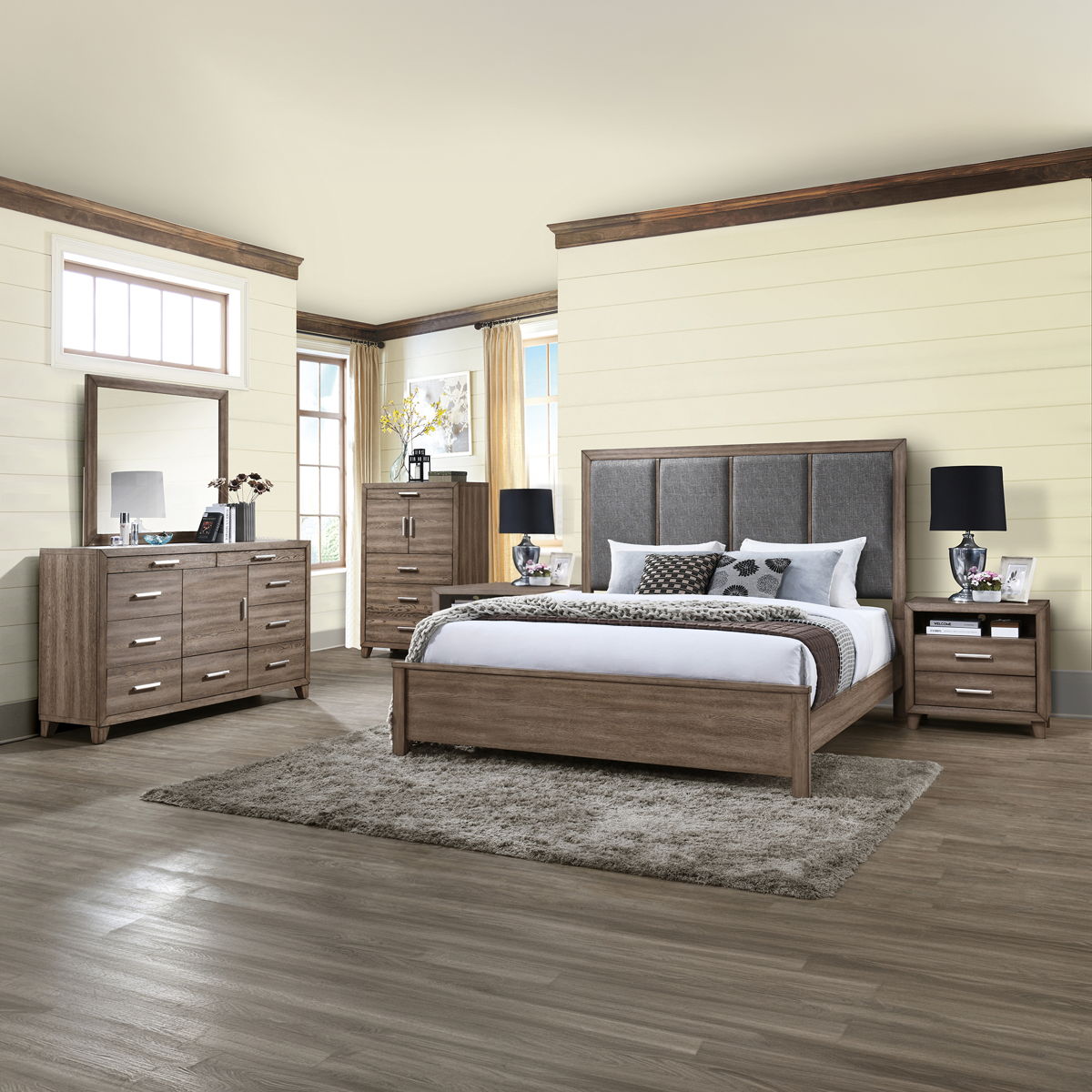 Harrisburg - 6/6 Eastern King 6 Piece Bedroom Set (Bed, Dresser, Mirror, Chest, 2 Nightstands) - Dark Gray - Image 2