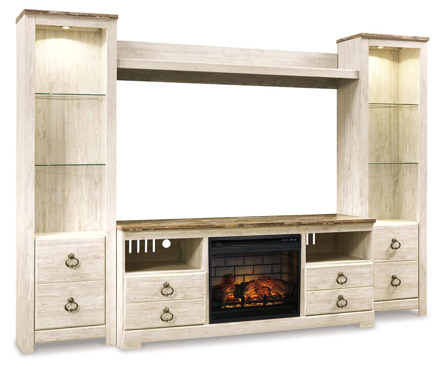 Willowton - Entertainment Center - TV Stand With Faux Firebrick Fireplace Insert - Whitewash - Image 3