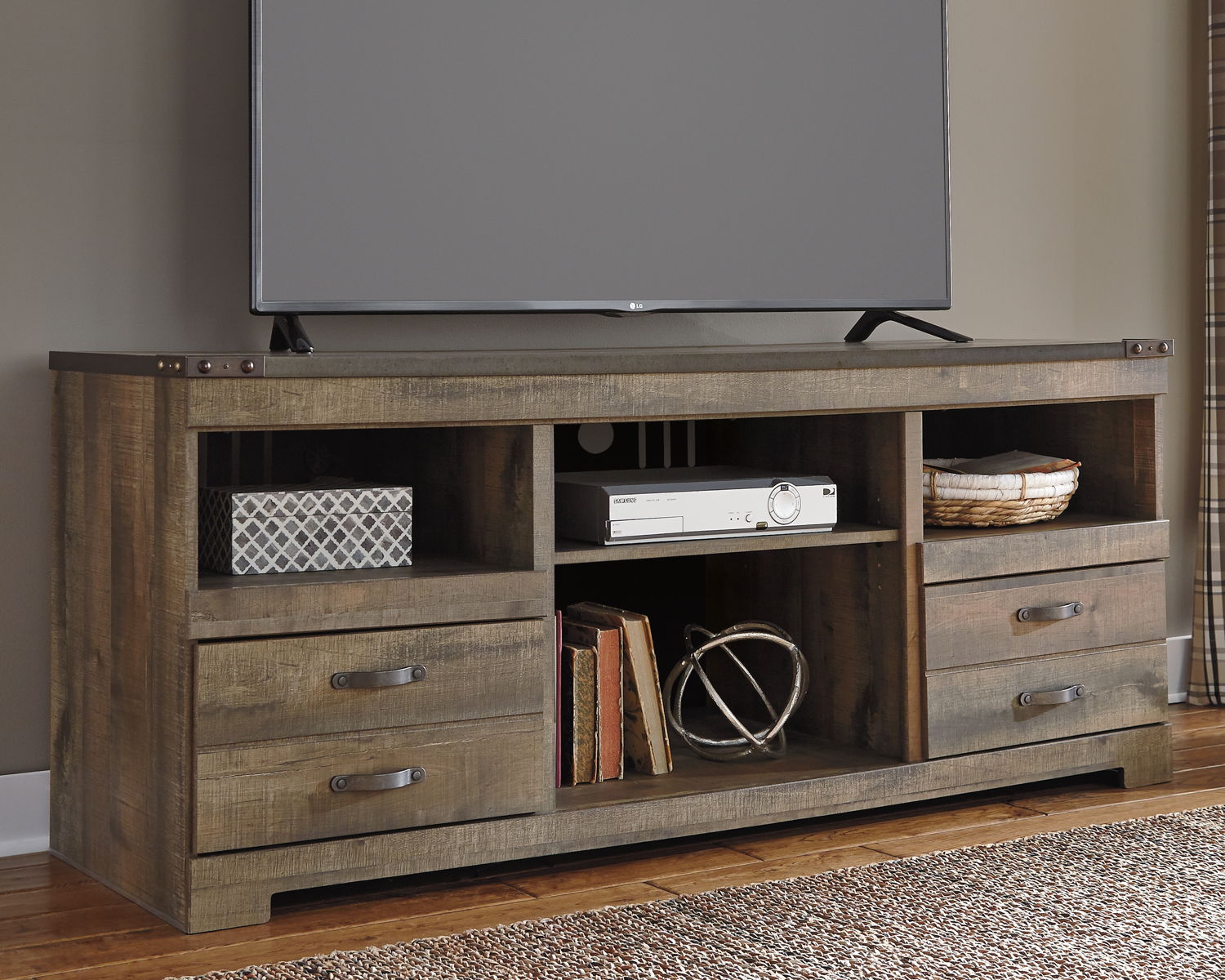 Trinell - 63" TV Stand With Glass/Stone Fireplace Insert - Brown - Image 2