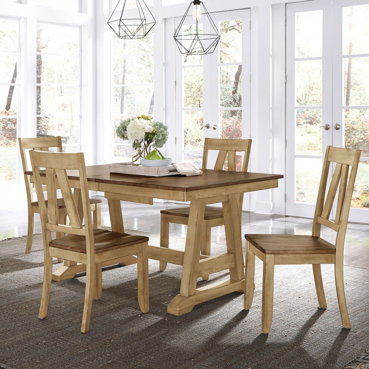 Lindsey Farm - 5 Piece Trestle Table Set - Natural & Brown